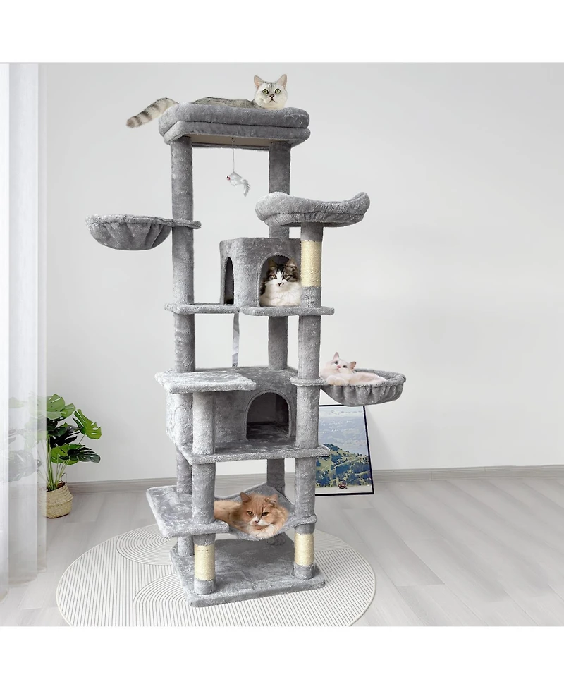 Aostirmotor 68" Multi-Level Cat Tree with Hammocks, Hanging Basket, Cat Cave and Scratching Posts, Plush Cat Tower for Indoor Cats