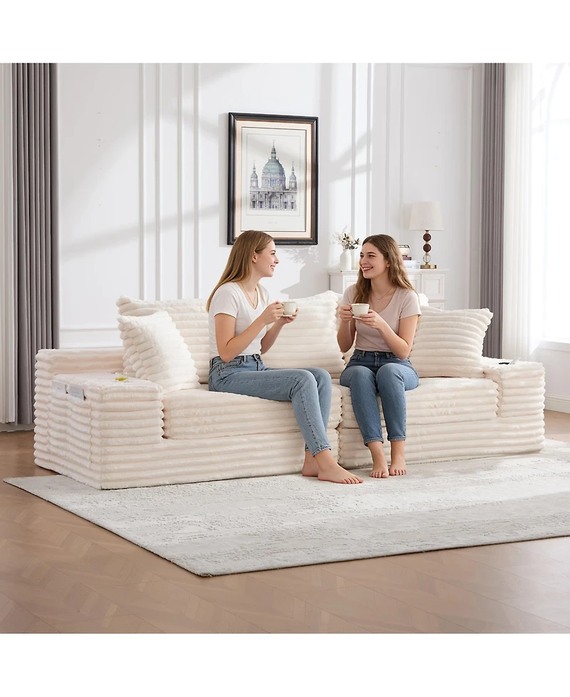 Rainsken Oversized Boneless Sofa with Cup Holder and Side Pockets, Corduroy Upholstered Couch 3 Pillows 2 Lumbar for Living Room