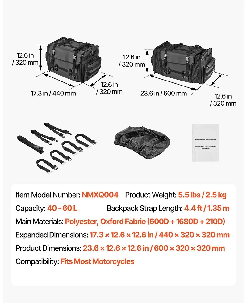 Mecale 40 to 60L Expandable Motorcycle Tail Bag with Waterproof Rain Cover