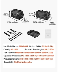 Mecale 40 to 60L Expandable Motorcycle Tail Bag with Waterproof Rain Cover