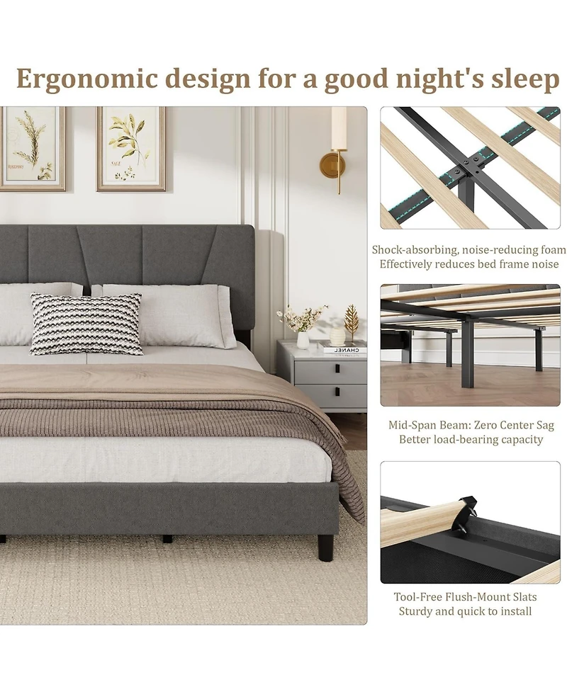gaomon Upholstered Platform Bed with Adjustable Headboard Wooden Slats