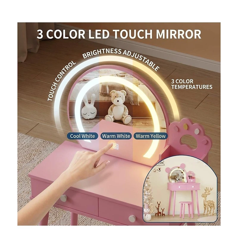 Homfan Bear-Shaped Lighted Mirror Kids Vanity Table and Chair Set - Wooden Princess Makeup Desk with Stool, Storage Drawers