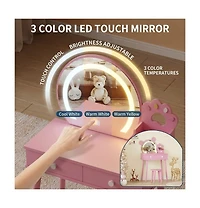 Homfan Bear-Shaped Lighted Mirror Kids Vanity Table and Chair Set - Wooden Princess Makeup Desk with Stool, Storage Drawers
