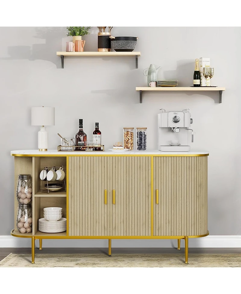 gaomon 59" Sideboard Buffet Cabinet with Storage, Fluted Console Cabinet with Metal Legs, Faux Marble Top, Mid Century Modern Cabinets for Dining Room