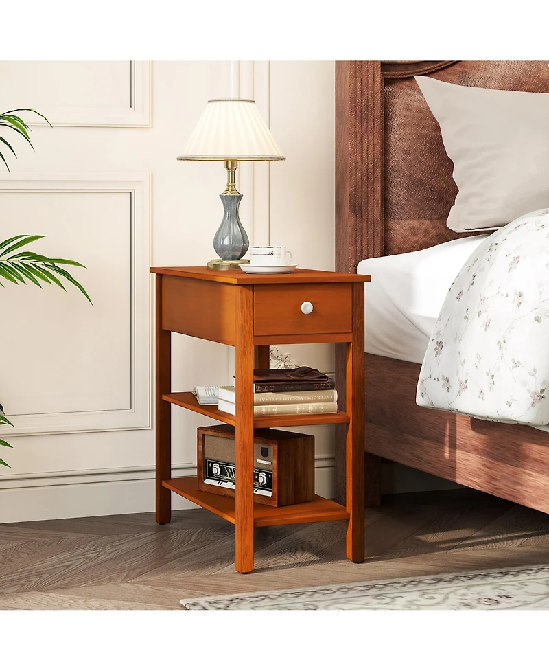 Gymax 2 Pcs Narrow End Tables with Drawer Shelves and Rubber Wood Legs Sofa Side Table