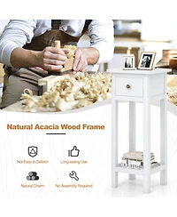 Gouun Two-Tier Acacia Wood Slim Nightstand with Drawer and Open Shelf