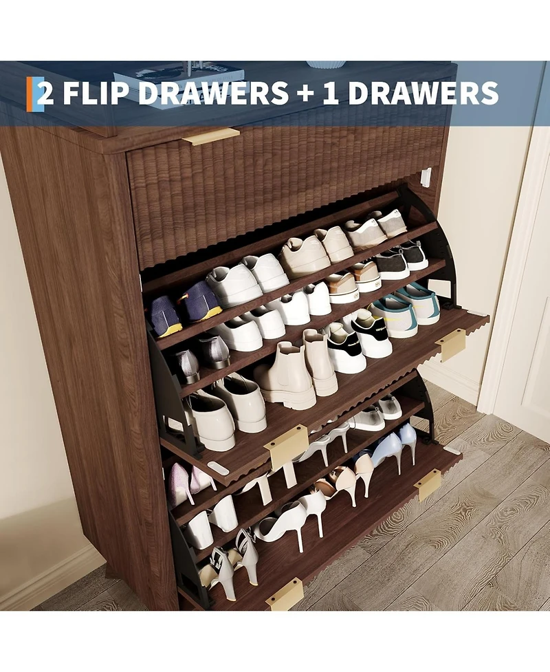 gaomon Fluted Wood Shoe Storage Cabinet for Entryway with 2 Flip Drawers and Adjustable Shelves