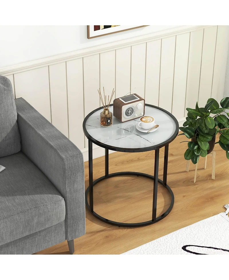 Gymax Glass End Table 20'' Round Side Table with Metal Frame and Faux Marble Glass Top