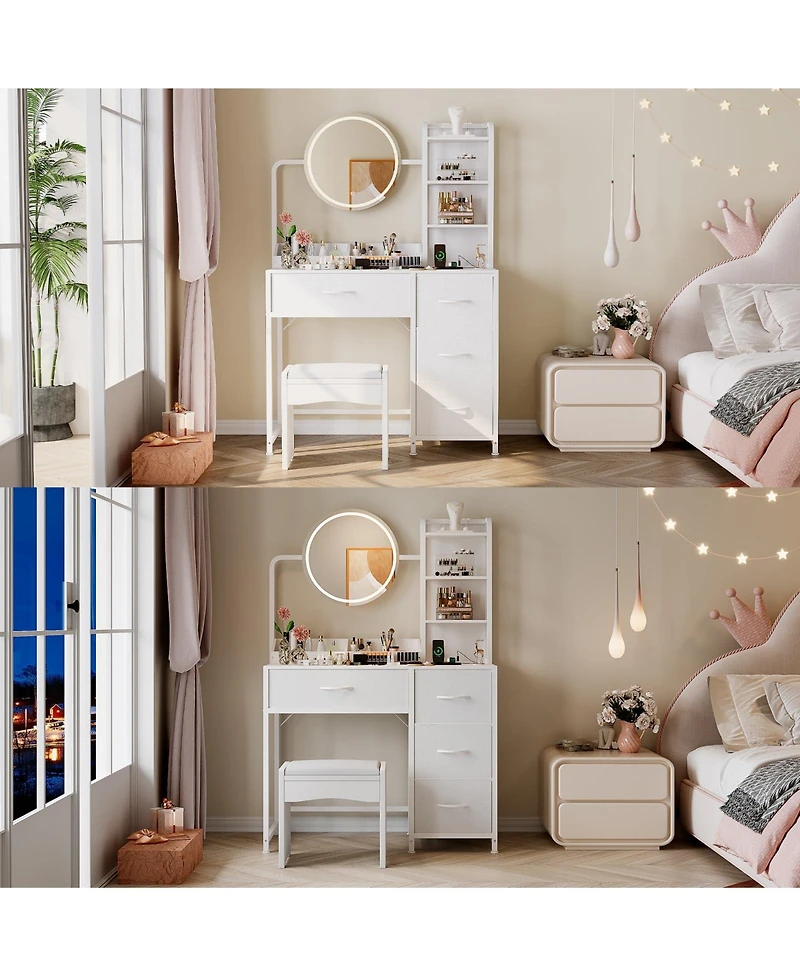 Homfan Modern Vanity Desk with Led Mirror, Adjustable Lights, Fabric Drawers, Power Outlet and Storage Shelves for Bedroom