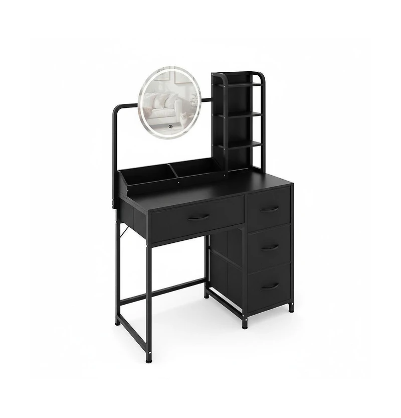 Homfan Modern Vanity Desk with Led Mirror, Adjustable Lights, Fabric Drawers, Power Outlet and Storage Shelves for Bedroom