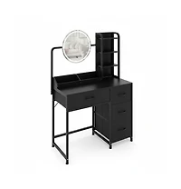 Homfan Modern Vanity Desk with Led Mirror, Adjustable Lights, Fabric Drawers, Power Outlet and Storage Shelves for Bedroom