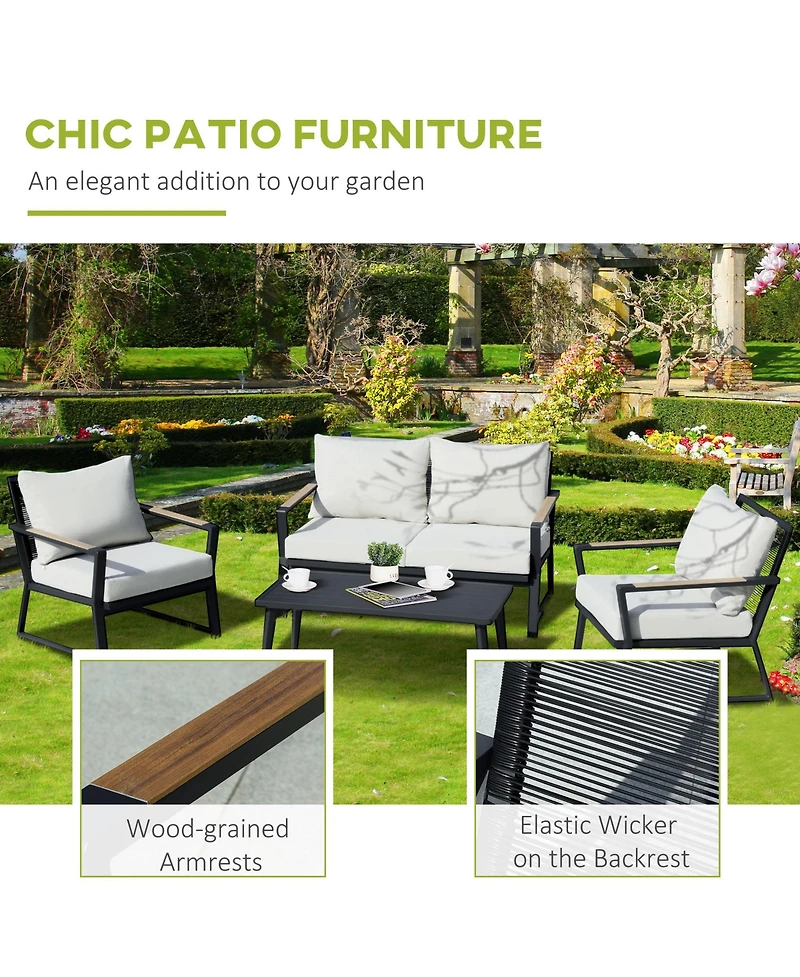 Outsunny 4 Pc Patio Furniture Set w/ Table & Cushion,