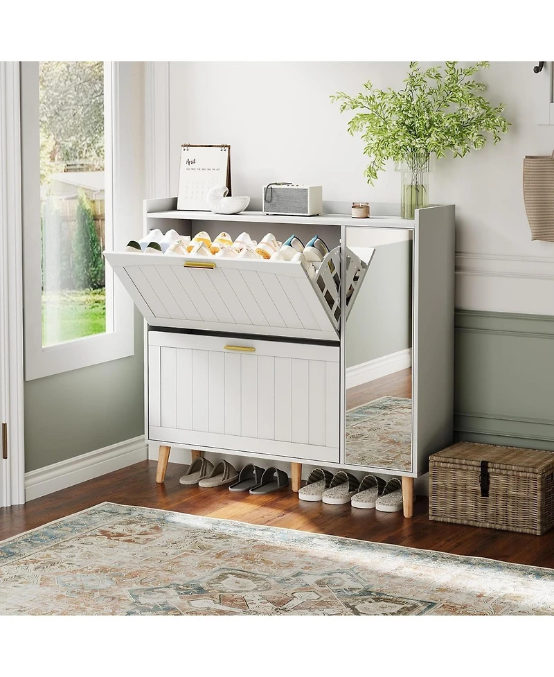 gaomon Shoe Cabinet with Mirror, 2 Flip Drawers and Side Cabinet, Wood Shoe Storage Cabinet with Adjustable Shelves