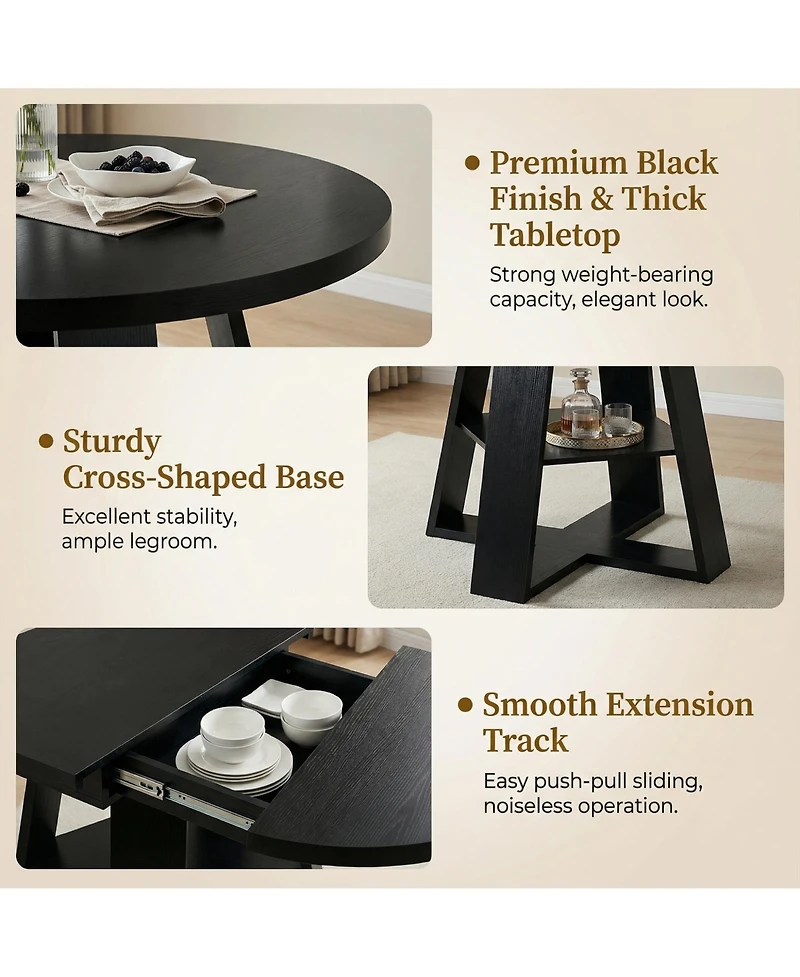 Rainsken 43.3-59" Extendable Wood Oval Dining Table with Removable Leaves and Storage Shelf