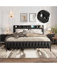 gaomon Size Bed Frame with Charging Station, Faux Leather Headboard and and Footboard