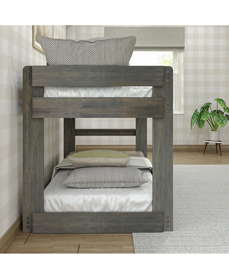 Max & Lily Twin over Low Bunk Bed, Modern Farmhouse Solid Wood Beds for Kids, Driftwood