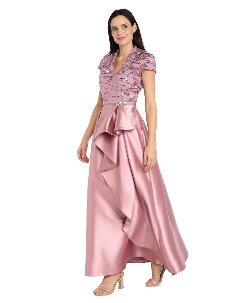 R & M Richards Petite Mix Media Embroidered Lace Ruffle Skirt Ball Gown