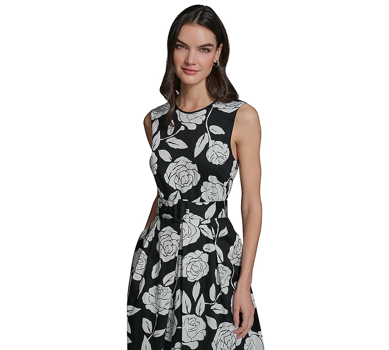 Karl Lagerfeld Paris Women's Floral Border Print Crew Neck Midi Dress