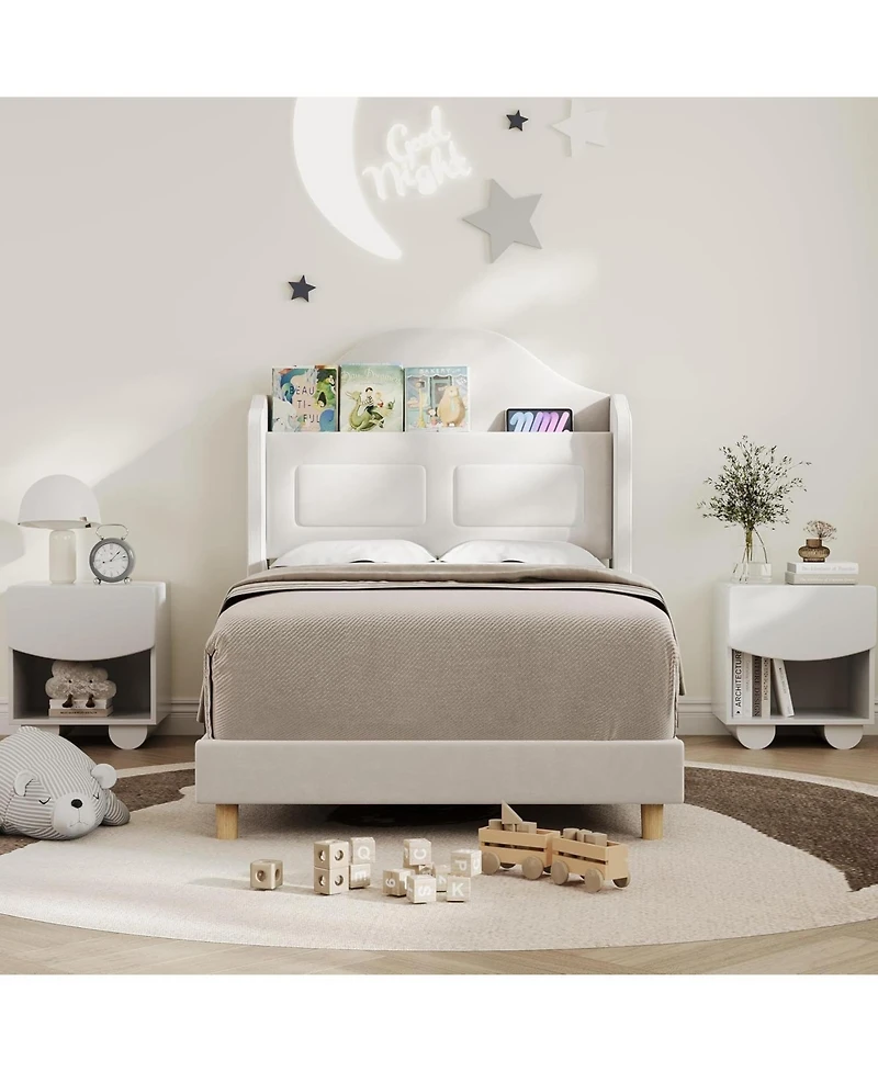 gaomon 2 Pack Upholstered Velvet Princess Bed Frame with Led Lights, Wingback Bookcase Headboard, Kids Platform for Girls and Boys, Noise-Free
