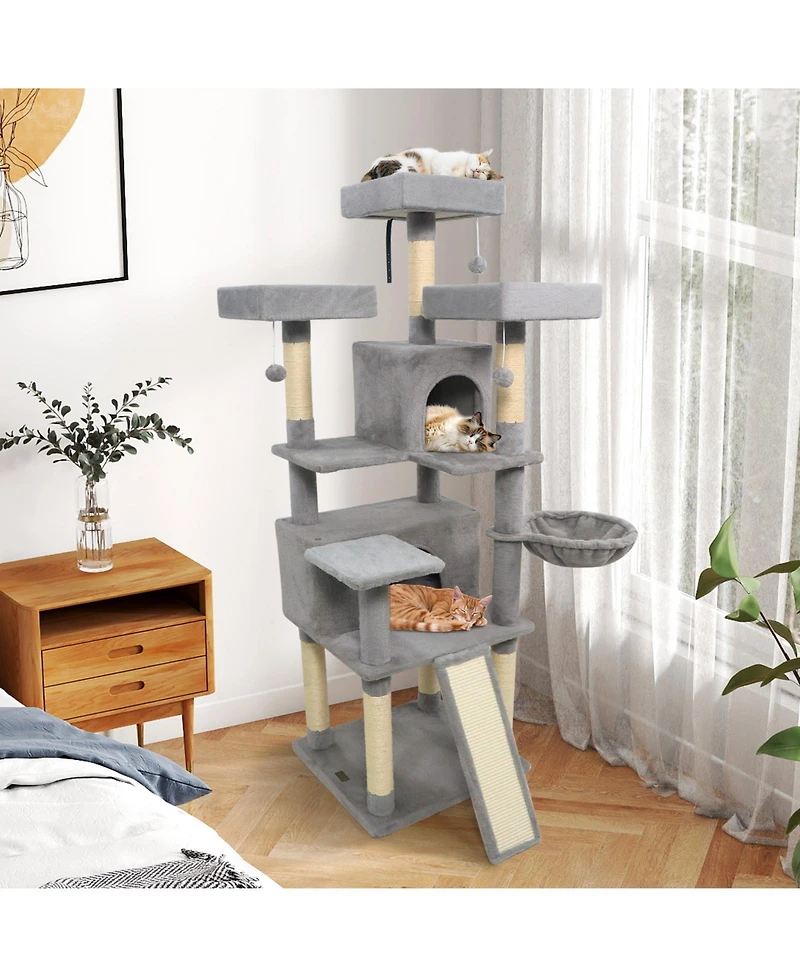 Cozito Cat Tree 65 in with 3 Upholstered Perches and 2 Condos