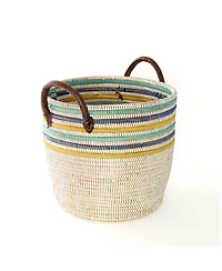 African Modern, Malika Beach Nesting Baskets with Leather Handles, Set of 2