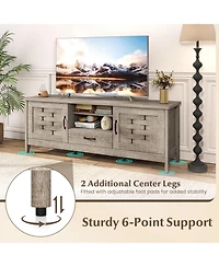 Sugift Farmhouse Tv Stand for 65 Inch TVs with 2 Woven Accent Doors and 3 Adjustable Shelves-Oak