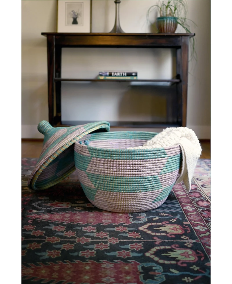 African Modern, Aqua and Lavender Herringbone Storage Basket