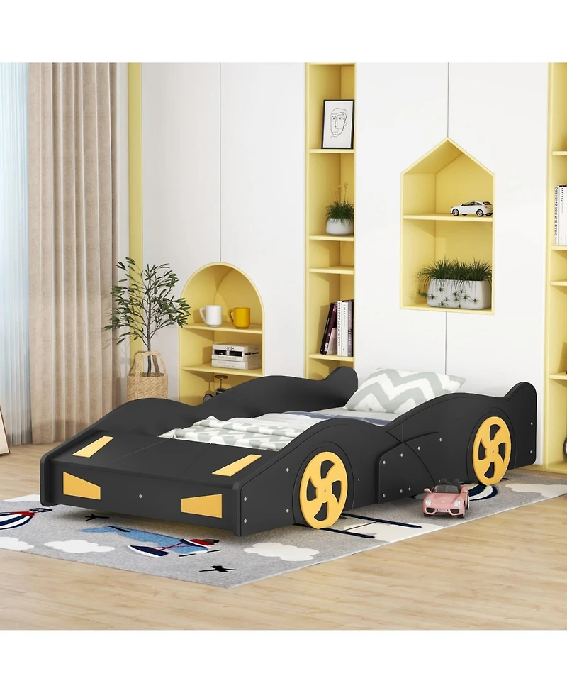 Rainsken Race Car Shaped Platform Bed, with Wheels and Storage, Wood Bed Frame, No Box Spring Needed