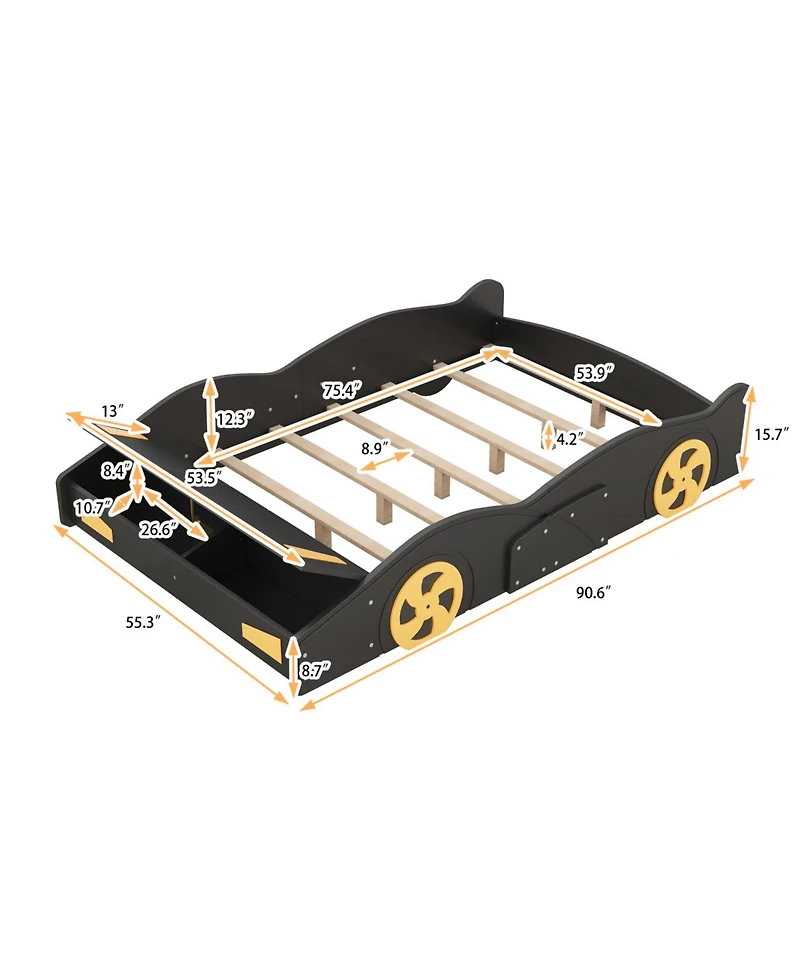 Rainsken Race Car Shaped Platform Bed, with Wheels and Storage, Wood Bed Frame, No Box Spring Needed, Easy Assembly