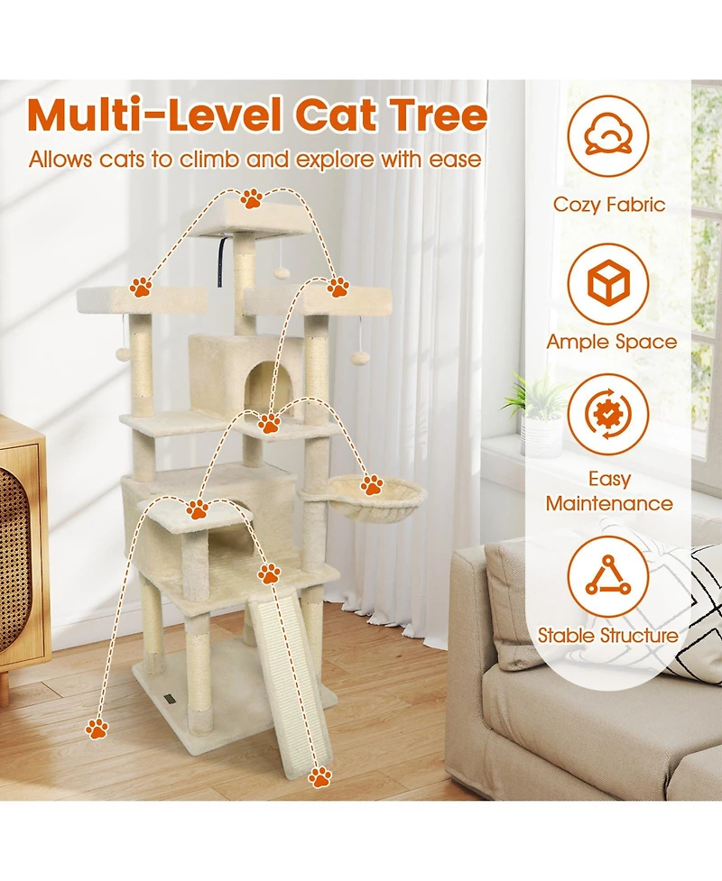 Cozito Cat Tree 65 inch with 3 Upholstered Perches and 2 Condos