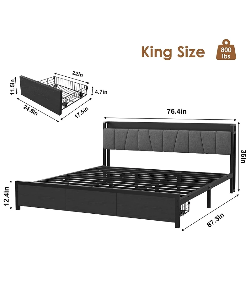 gaomon Industrial Bed Frame with Storage Headboard, Charging Station and 2 Drawers