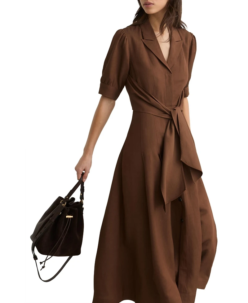 Reiss Women's Short-Sleeve Belted Linen with Midi Dress