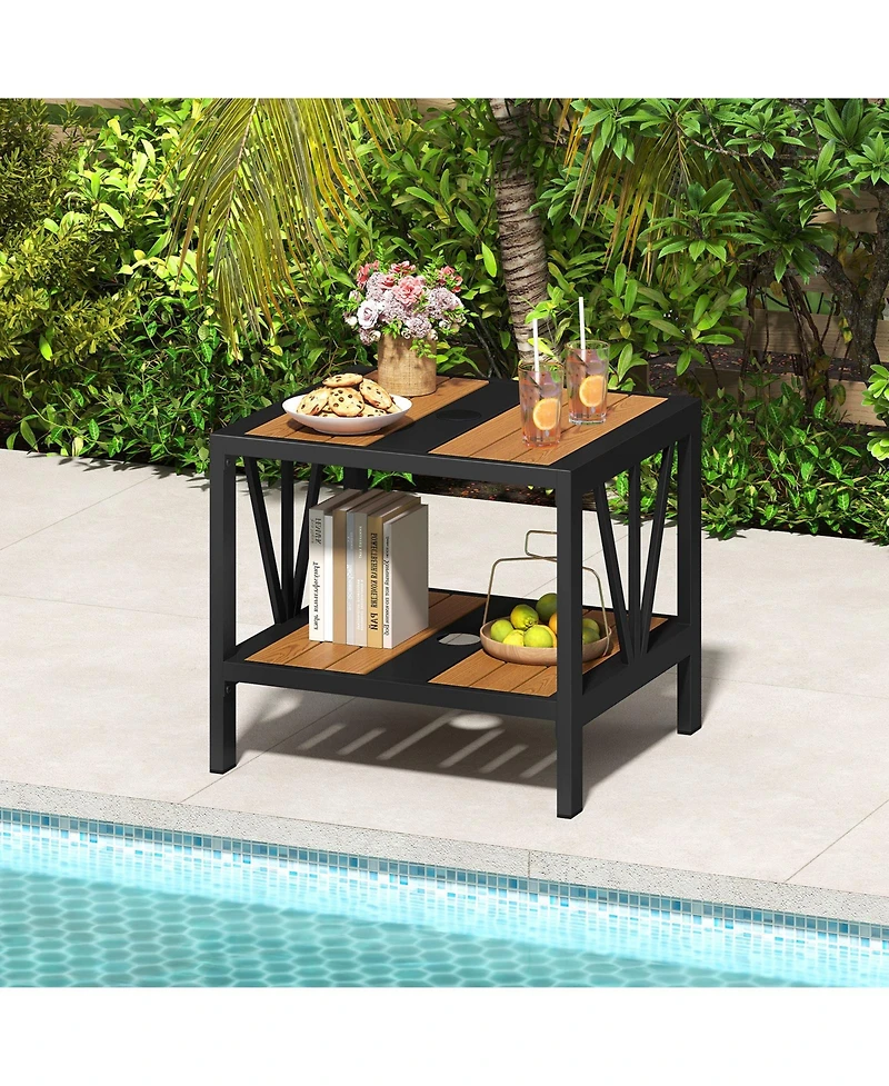 Gymax 2PCS Outdoor Side Table 2-Tier Coffee End Table w/ 1.57'' Umbrella Hole Storage Shelf