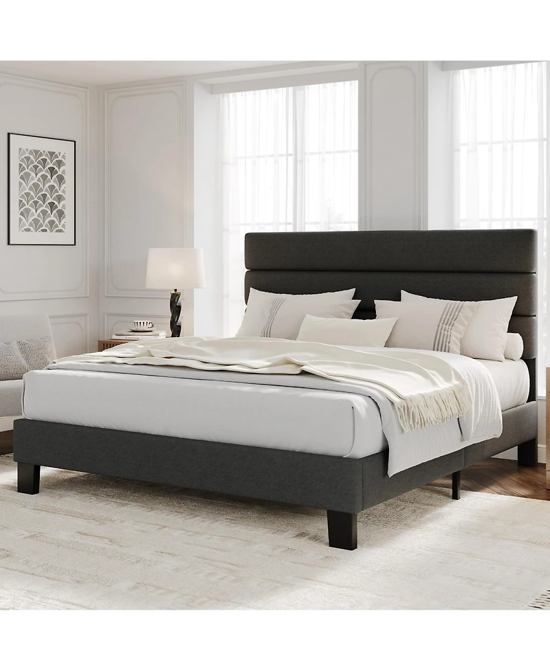 gaomon Linen Upholstered Bed Frame with Adjustable Headboard, Heavy Duty Support