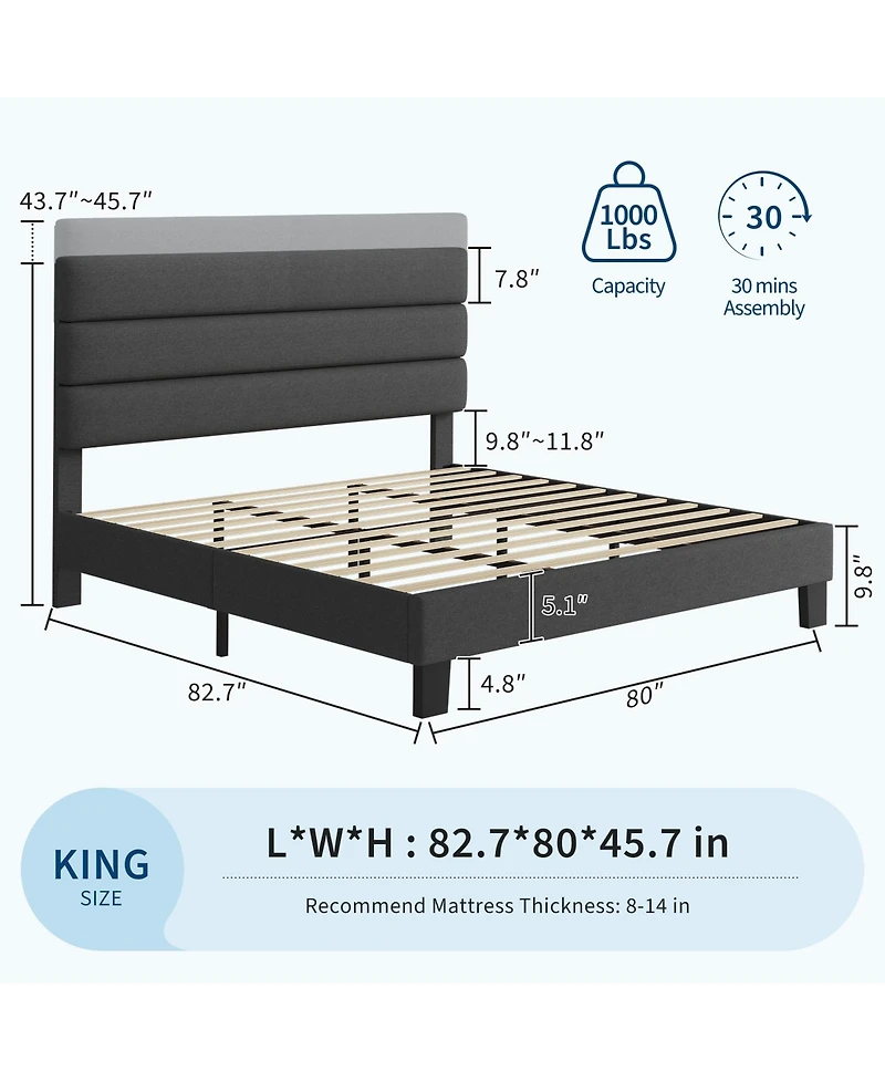 gaomon Linen Upholstered Bed Frame with Adjustable Headboard, Heavy Duty Support