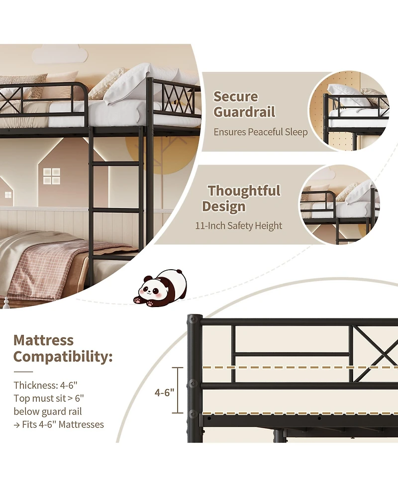 Heavy Duty Twin Over Bunk Bed for Adults and Teens - Metal Frame with Stairs, Full-Length Guardrail, Space-Saving, No Box Spring Needed
