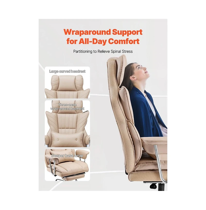 Sugift Ergonomic Executive Office Chair with Footrest, 400 lbs Capacity Pu Leather Reclining Desk Chair with Lumbar Pillow and Armrests