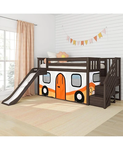 Max & Lily Low Loft With Stairs, Easy Slide and Orange Camper Van Curtain