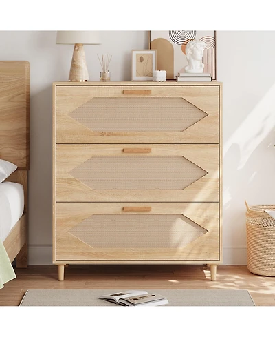 gaomon 3 Drawer Rattan Dresser for Bedroom, Modern Wood Chest of Drawers with Rattan Accents