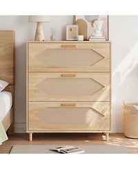 gaomon 3 Drawer Rattan Dresser for Bedroom, Modern Wood Chest of Drawers with Rattan Accents