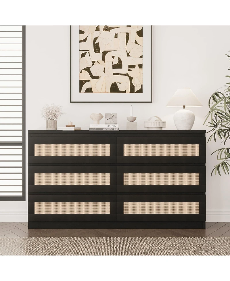 gaomon 6 Drawer Rattan Dresser for Bedroom, Double Wood Chest of Drawers Tv Stand