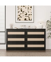gaomon 6 Drawer Rattan Dresser for Bedroom, Double Wood Chest of Drawers Tv Stand
