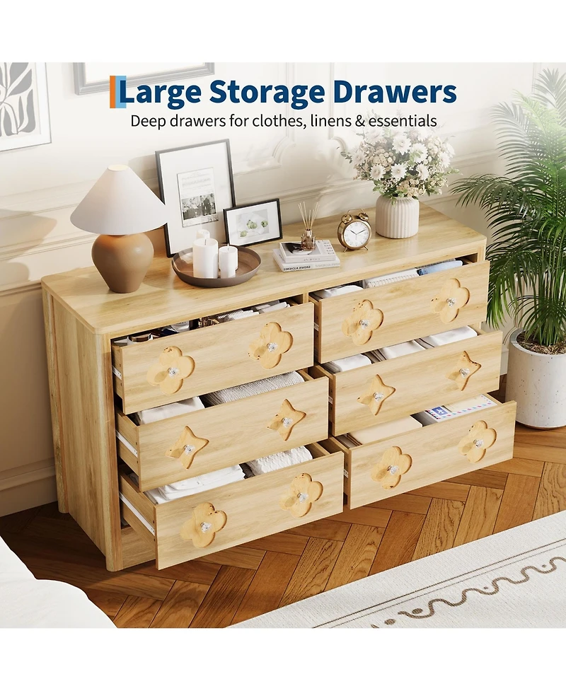 gaomon 47.2" Wide 6 Drawer Wood Dresser with Crystal Knobs, Bedroom Storage Chest Tv Stand Organizer
