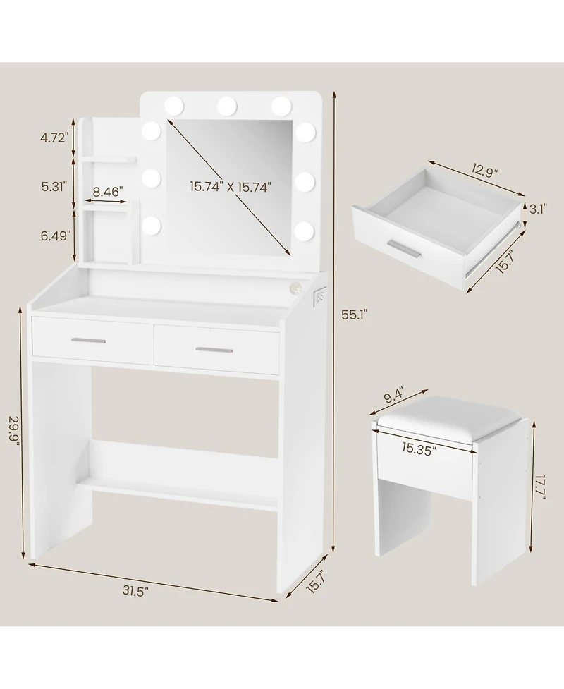 Homfan Modern Vanity Desk with Mirror, Led Lights, Power Outlet, Usb Ports, 2 Drawers, 3 Lighting Modes, Stool, Hairdryer Holder, Bedroom Makeup Table