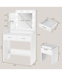 Homfan Modern Vanity Desk with Mirror, Led Lights, Power Outlet, Usb Ports, 2 Drawers, 3 Lighting Modes, Stool, Hairdryer Holder, Bedroom Makeup Table