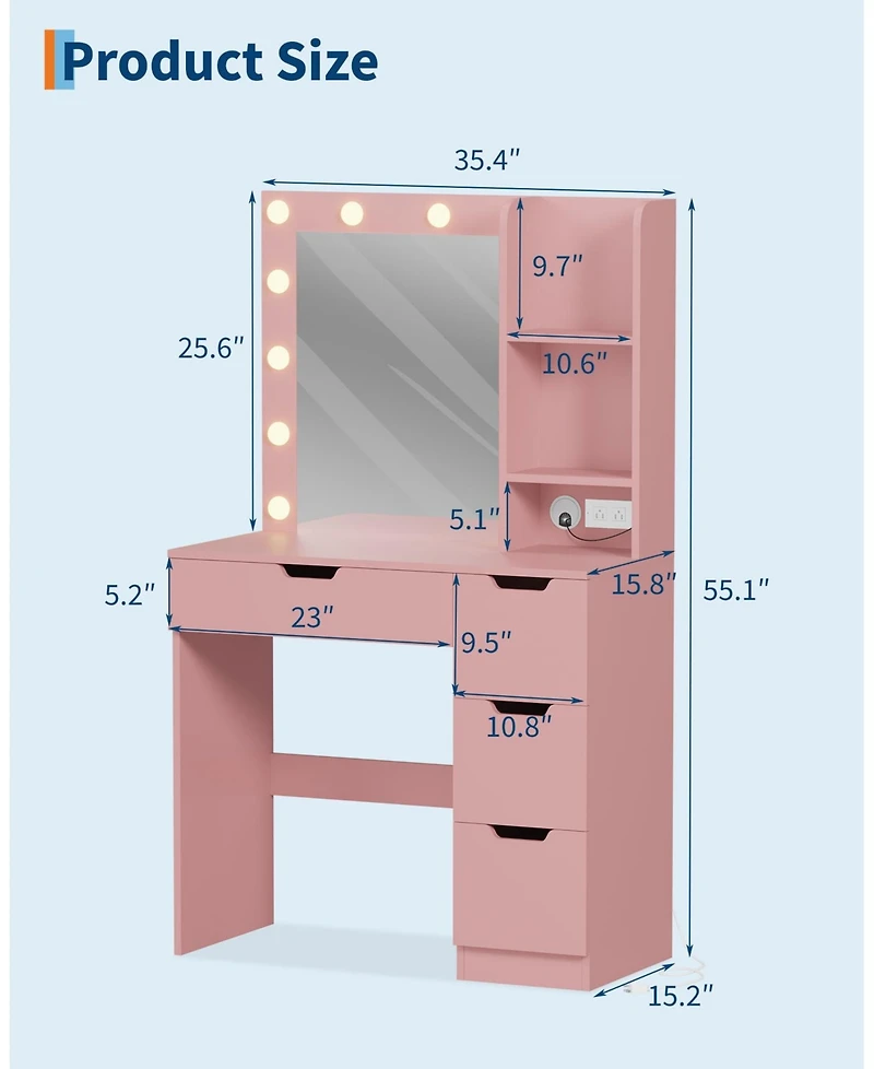 Homfan Vanity Desk with Mirror and Lights, 4 Drawers, Built-in Power Outlet Usb, Adjustable Led Lighting, Makeup Table for Bedroom