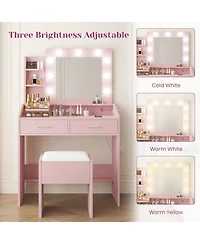 Homfan Modern Vanity Desk with Mirror, Led Lights, Power Outlet, Usb Ports, 2 Drawers, 3 Lighting Modes, Stool, Hairdryer Holder, Bedroom Makeup Table