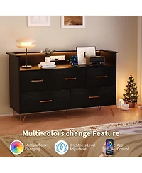 gaomon 47" 5 Drawer Dresser with Led Lights and Charging Station, Wood Storage Cabinet for Bedroom