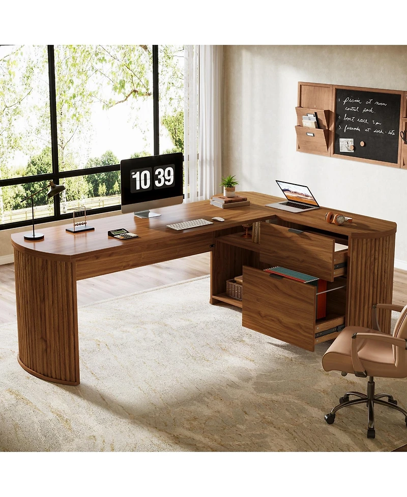 Tribesigns 1 Piece Fluted Engineered Wood L Shaped Executive Desk with Filing Cabinet, Storage Shelves and Privacy Panel