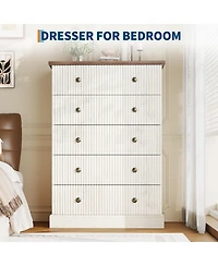gaomon 5 Drawer Fluted Dresser, Slim Vertical Wood Chest with Metal Handles for Bedroom Apartment Guest Room